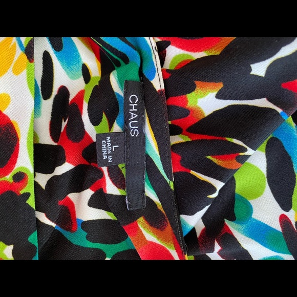 Chaus Faux Wrap Dress Low V Neck Colorful L - Picture 8 of 13